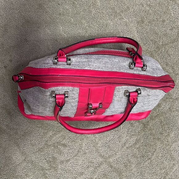 London Fog Simulated Leather Pink & Woven Satchel Purse with Long Strap - Picture 5 of 8